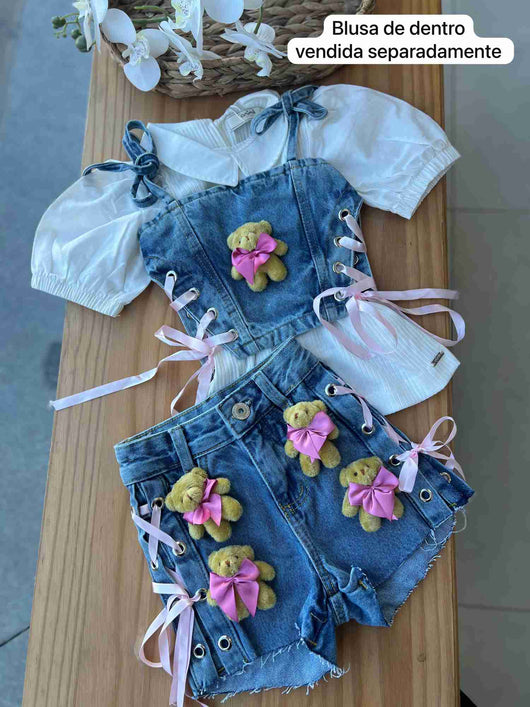 Conjunto Cropped Alça Ted Urso Pelucia Fita Amarração E Short Menina Lui Bambini