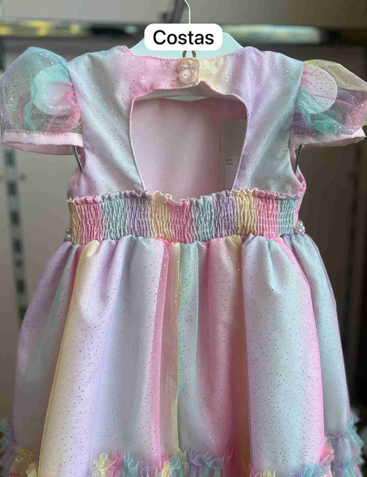 VESTIDO MANGA CURTA GLITTER PÉROLAS TULE COLORIDO MENINA CATTAI