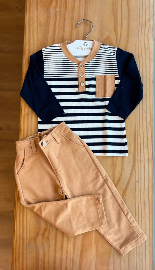 CONJUNTO CAMISETA MANGA LONGA LISTRADA BOLSO E BOTÕES COM CALÇA MOLETOM MENINO MILON