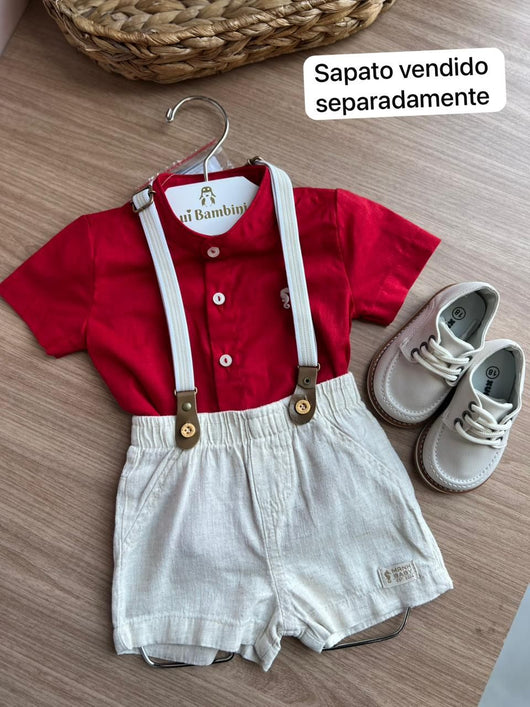 CONJUNTO CAMISA GOLA PADRE MANGA CURTA COM SUSPENSÓRIO E BERMUDA LINHO MENINO ONDA MARINHA