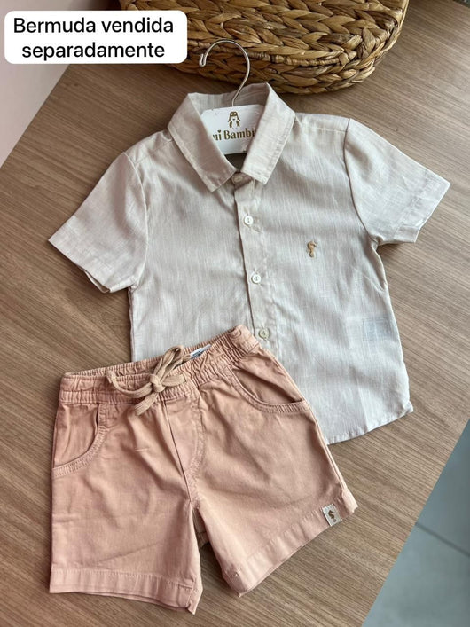 CAMISA MANGA CURTA BOTÕES CAVALO MARINHO MINIMALISTA LINHO LEVE PAI E FILHO MENINO ONDA MARINHA