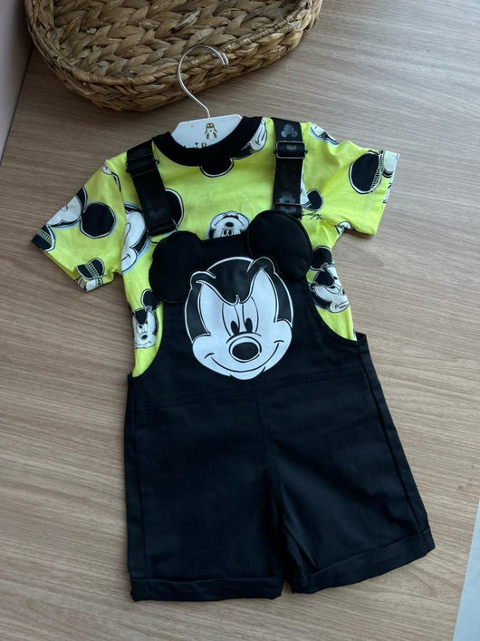 CONJUNTO CAMISETA MANGA CURTA ESTAMPA MICKEY COM JARDINEIRA MENINO MOMI