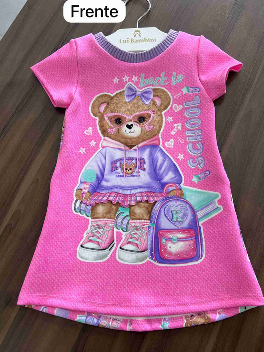 VESTIDO MANGA CURTA URSO STRASS ÓCULOS FLY TECH MENINA KUKIÊ