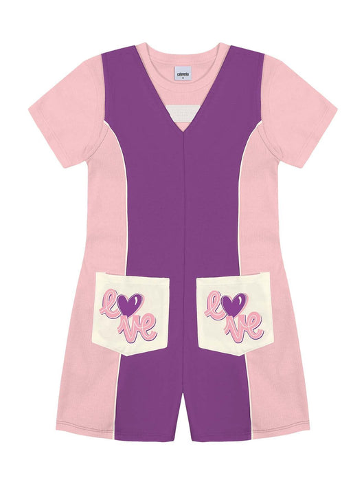 CONJUNTO BLUSA MANGA CURTA RIBANA CANELADA E JARDINEIRA BOLSOS LOVE MENINA CATAVENTO