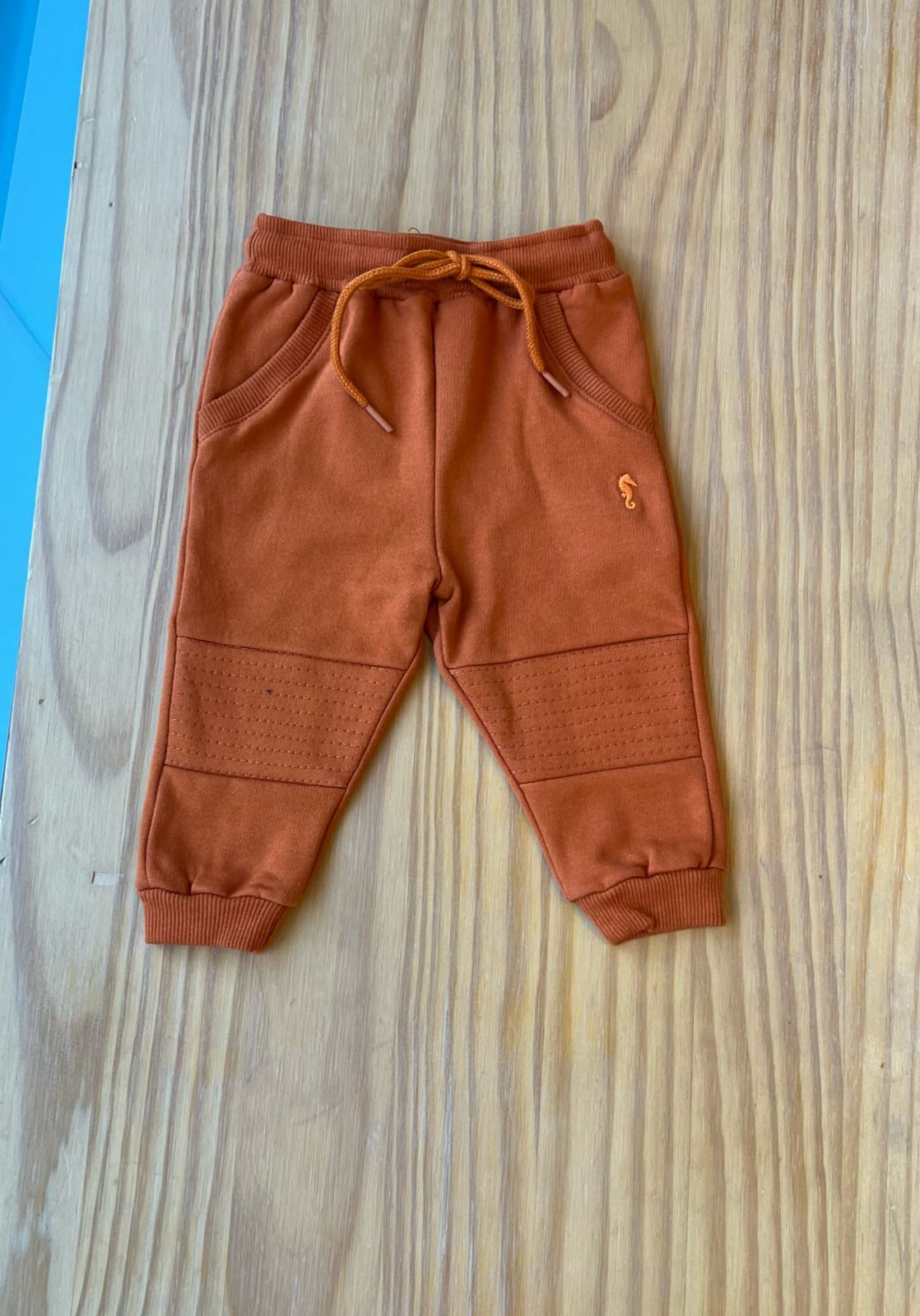 CALÇA EM MOLETOM FELPADO COM CADARÇO E BORDADO MENINO ONDA MARINHA