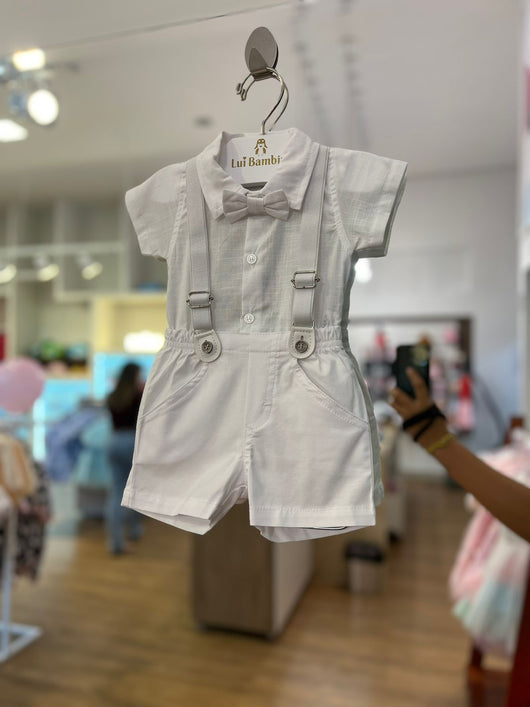 CONJUNTO BATIZADO BODY CAMISA MANGA CURTA BERMUDA SUSPENSÓRIO E GRAVATA MENINO ANJOS BABY