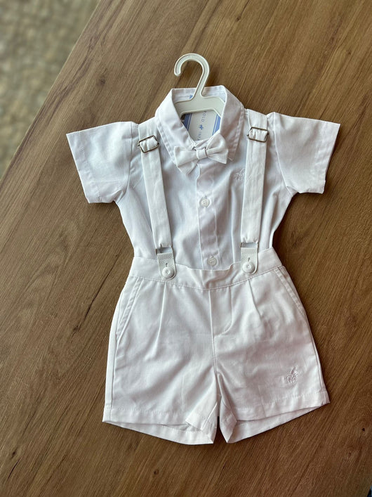 CONJUNTO BODY CAMISA MANGA CURTA BEGE CLARO BERMUDA SUSPENSORIO E GRAVATA MENINO POLO INFANTI