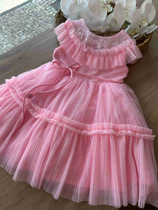 VESTIDO FESTA MANGA CURTA TULE HOLOGRÁFICO E CORAÇÕES PAETES MENINA PETIT CHERIE