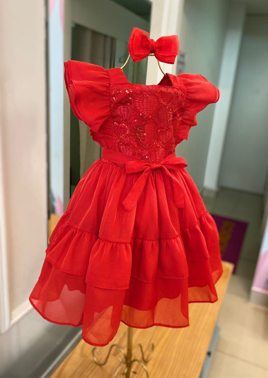 VESTIDO NATAL MANGA CURTA DUPLA E CINTO CORACOES BORDADOS PAETES MENINA PETIT CHERIE PRO45
