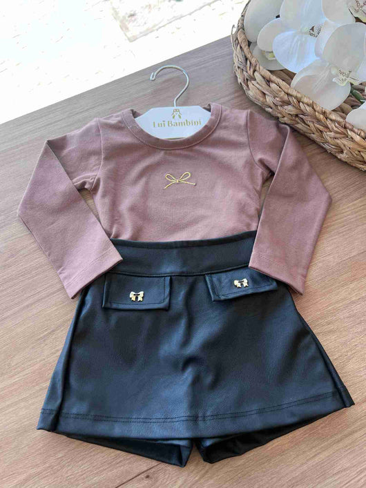 CONJUNTO BLUSA MANGA LONGA LAÇO BORDADO E SHORT SAIA MENINA FAKINI