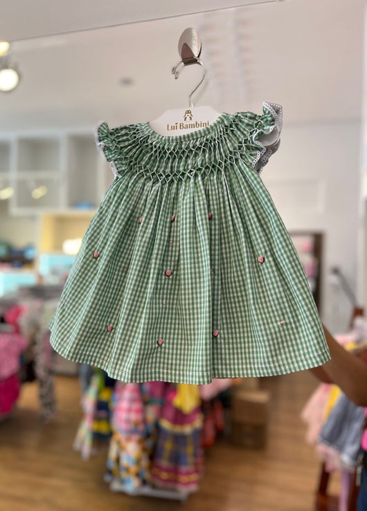 VESTIDO XADREZ JUNINO MANGA CURTA CASINHA DE ABELHA TULIPAS BORDADAS MENINA LUI BAMBINI 30PRO50
