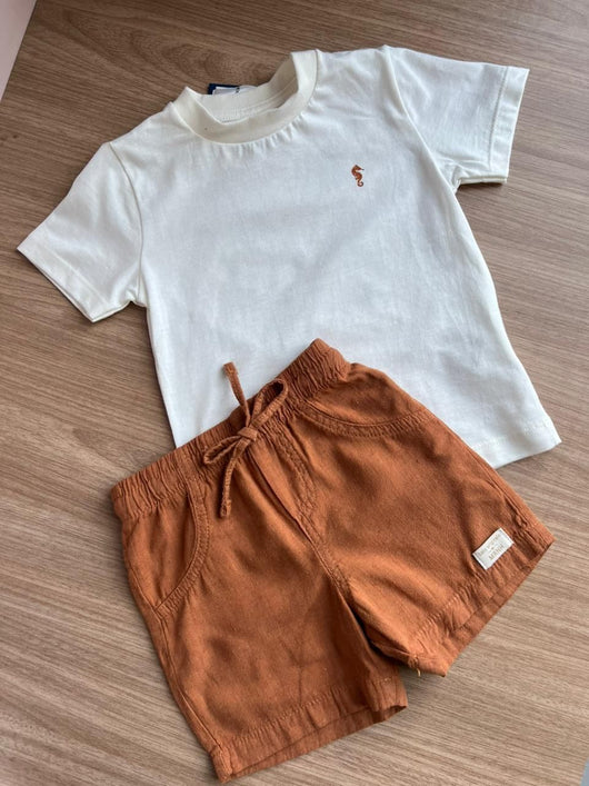 CONJUNTO CAMISETA MANGA CURTA BÁSICA CAVALO MARINHO MINIMALISTA E BERMUDA MENINO ONDA MARINHA