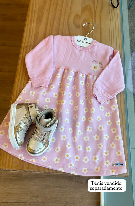 VESTIDO MANGA LONGA FELPADO STAY GROOVY FLORES MARGARIDAS COM BOTOES MENINA ABRANGE PRO40