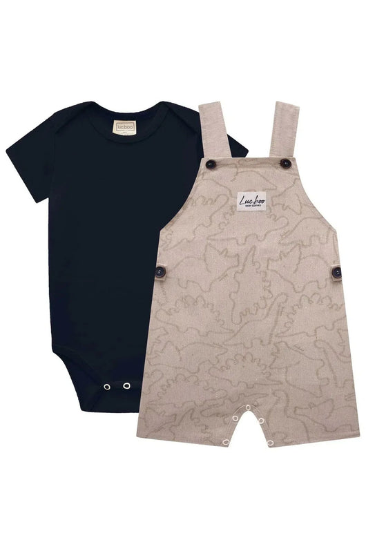 CONJUNTO BODY MANGA CURTA LISO E JARDINEIRA DINO MENINO LUC BOO