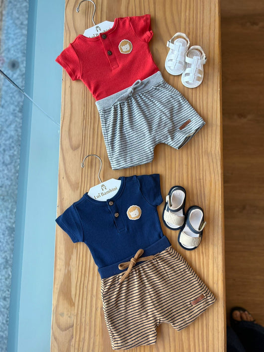 CONJUNTO BODY MANGA CURTA LEÃO COM SHORT LISTRADO MENINO PULLA BULLA