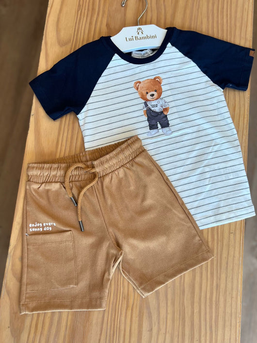 CONJUNTO CAMISETA MANGA CURTA URSINHO LISTRAS E BERMUDA MENINO TRICK NICK