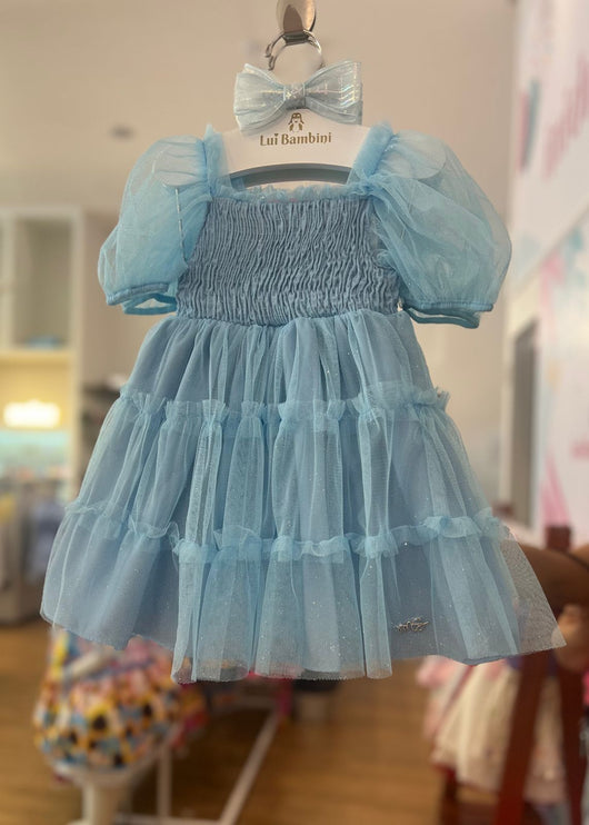 VESTIDO MANGA CURTA BUFANTE EM TULE COM GLITTER E LASTEX MENINA MON SUCRE 40PRO50