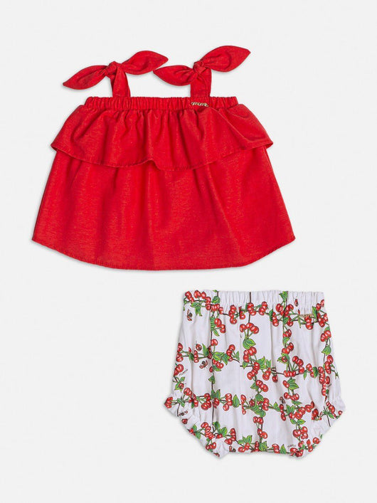 CONJUNTO BATA ALCA COM BABADO E SHORT CEREJINHAS E JOANINHAS MENINA MOMI 45PRO50+
