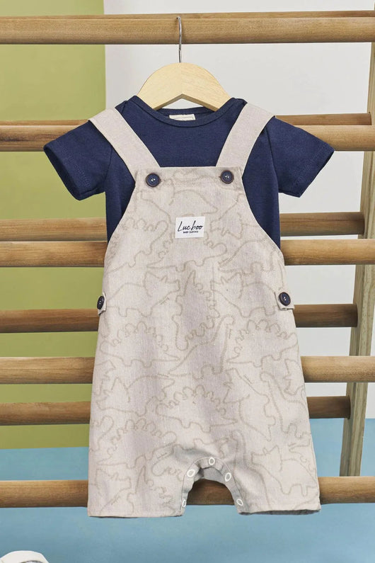 CONJUNTO BODY MANGA CURTA LISO E JARDINEIRA DINO MENINO LUC BOO