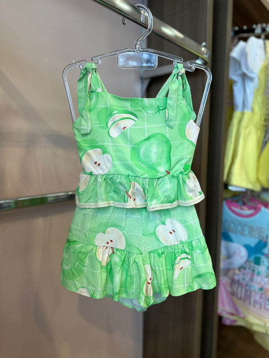 CONJUNTO BLUSA ALCA E SHORT COM AJUSTE QUADRICULADO MACA VERDE MENINA MON SUCRE PRO45