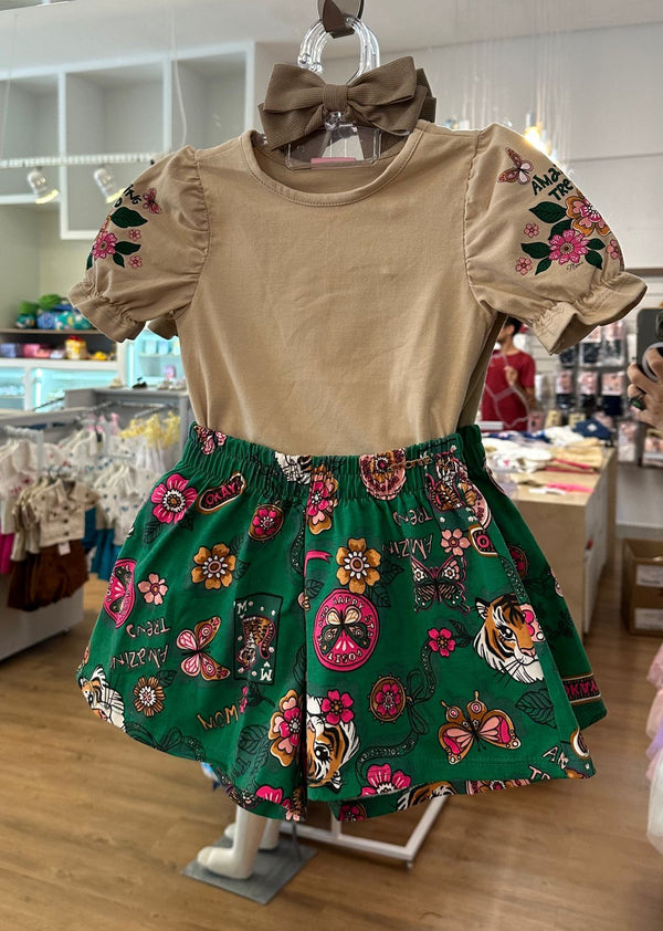 CONJUNTO BLUSA MANGA CURTA BUFANTE COM SHORT ONCINHA FLORAL TREND MENINA MOMI