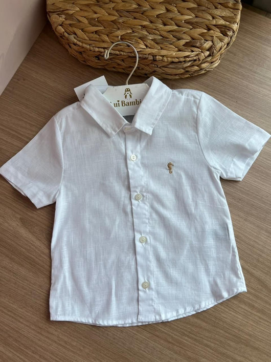 CAMISA MANGA CURTA BOTÕES CAVALO MARINHO MINIMALISTA LINHO LEVE PAI E FILHO MENINO ONDA MARINHA