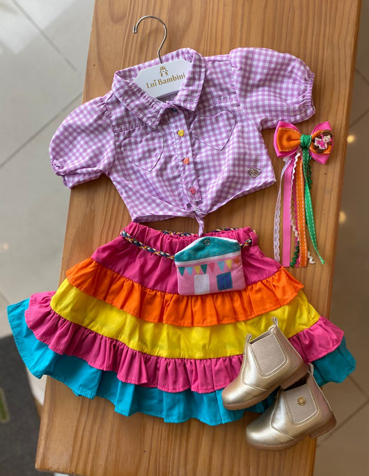CONJUNTO CAMISA XADREZ E SAIA RECORTES COM CINTO BOLSA FESTA JUNINA MENINA MON SUCRÉ