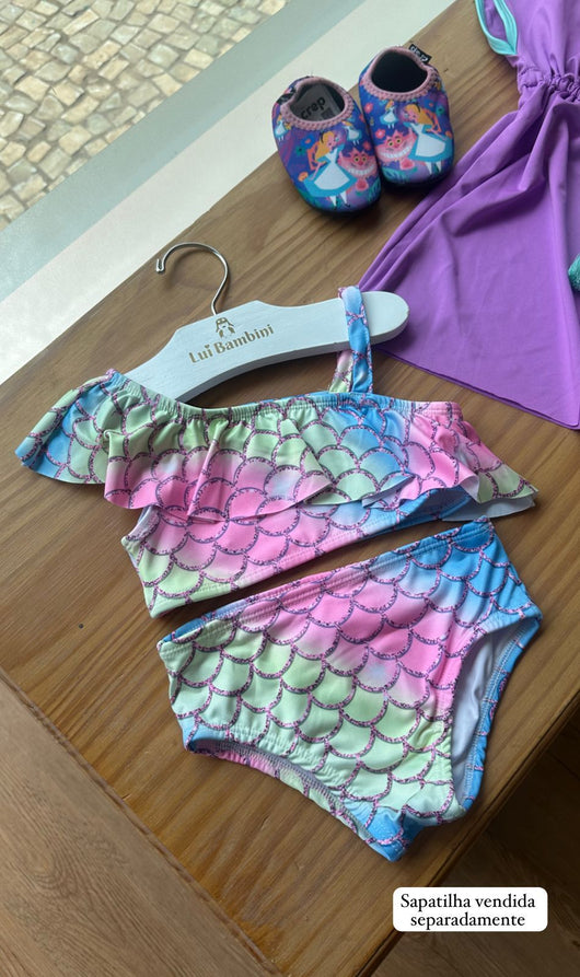 CONJUNTO BIQUINI MANGA CURTA COM ALÇA E CALCINHA ESCAMAS DE SEREIA UV50+ MENINA FAKINI