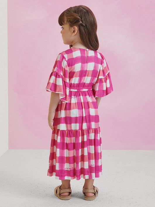 VESTIDO XADREZ QUADRICULADO MANGA CURTA EVASE EM VISCOSE COM CINTO LACO MENINA ANIME PRO50