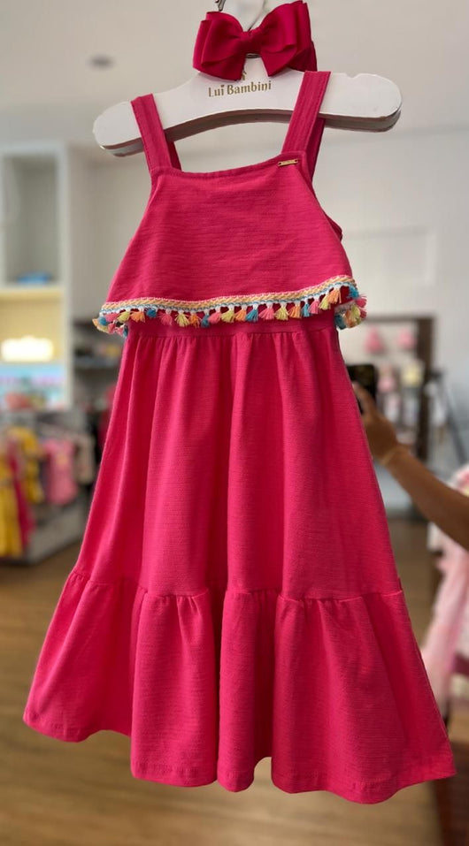 VESTIDO DE ALÇA EM MALHA FLORENCE COM SOBREPOSIÇÃO E BARBICACHOS MENINA FAKINI