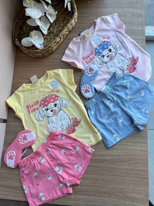 CONJUNTO PIJAMA MANGA CURTA CACHORRO CORAÇÃO TAPA OLHO E SHORT MENINA ANGERO