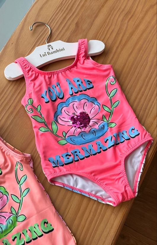 MAIÔ COM ALÇA CONCHA CORAÇÃO PAETES YOU ARE MERMAZING MENINA FAKINI