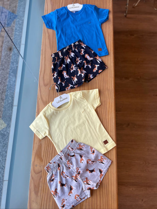 CONJUNTO CAMISETA MANGA CURTA COM BORDADO E BERMUDA CACHORRINHOS MENINO PULLA BULLA