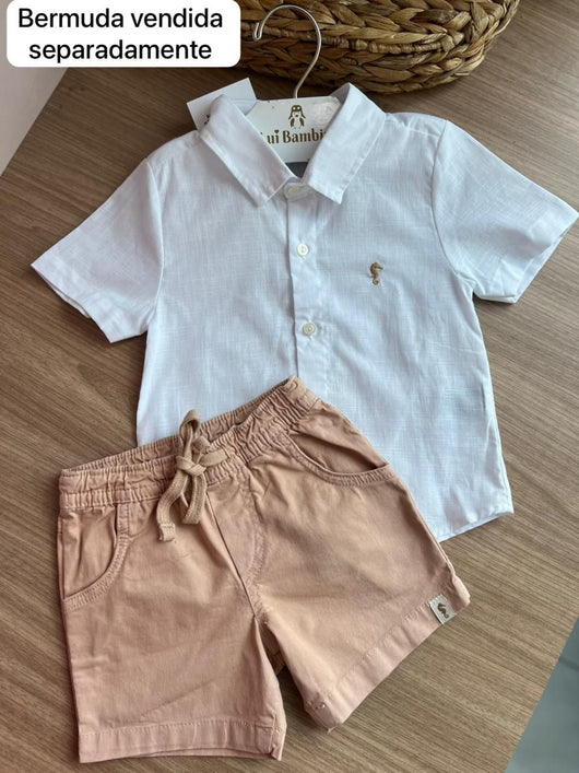 CAMISA MANGA CURTA BOTÕES CAVALO MARINHO MINIMALISTA LINHO LEVE PAI E FILHO MENINO ONDA MARINHA