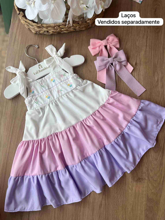 VESTIDO ALÇA AMARRAÇÃO BORDADO FLORES E CAMADAS MENINA MON SUCRÉ