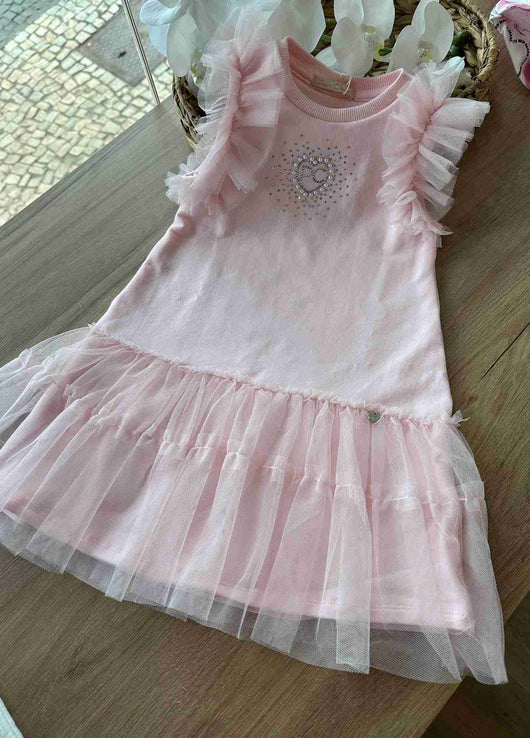 VESTIDO REGATA BABADO TULE STRASS CORAÇÃO E PÉROLAS MENINA PETIT CHERIE