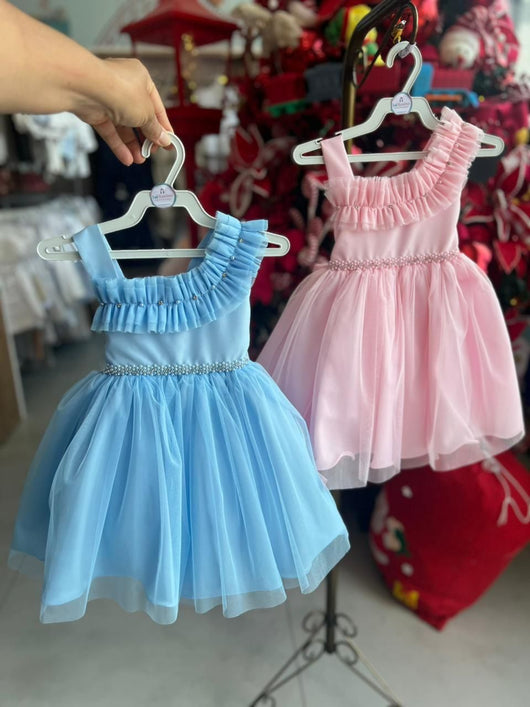 VESTIDO ALÇA REGATA BABADO TULE STRASS LAÇO COSTA MENINA LIBELINHA