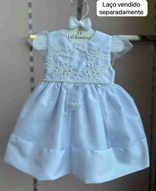 VESTIDO MANGA CURTA BORDADO BORBOLETA FLORES PÉROLAS TERÇO LAÇO COSTA MENINA CATTAI