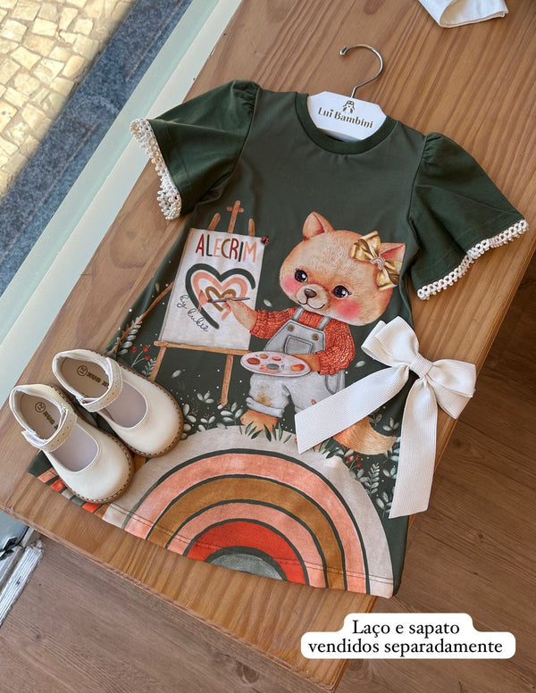 VESTIDO MANGA CURTA TRICÔ HORA DE PINTAR URSINHA E FOLHAS MENINA KUKIÊ