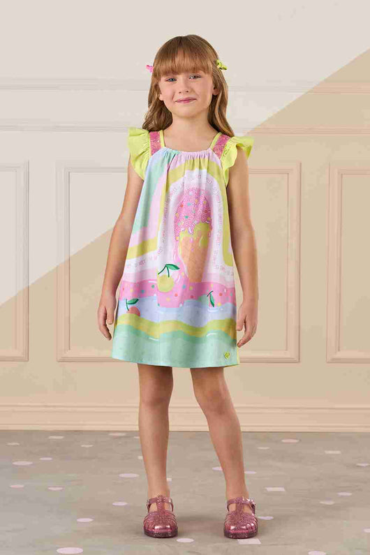 VESTIDO MANGA CURTA COM BABADO GOLA RETA ELASTICO SORVETE STRASS MENINA MON SUCRE PRO40