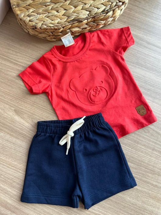 CONJUNTO CAMISETA MANGA CURTA URSO RELEVO E BERMUDA MENINO HRRADINHOS