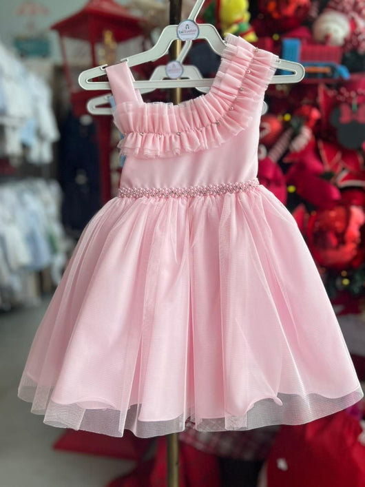 VESTIDO ALÇA REGATA BABADO TULE STRASS LAÇO COSTA MENINA LIBELINHA