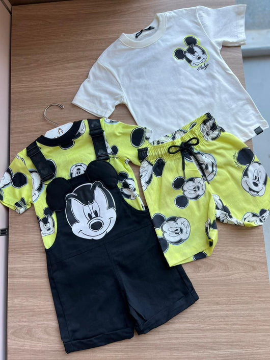 CONJUNTO CAMISETA MANGA CURTA ESTAMPA MICKEY COM JARDINEIRA MENINO MOMI