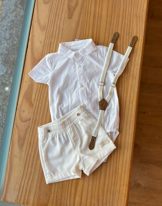CONJUNTO BATIZADO BODY CAMISA MANGA CURTA COM SUSPENSÓRIO LISTRAS E BERMUDA LINHO MENINO ONDA MARINHA