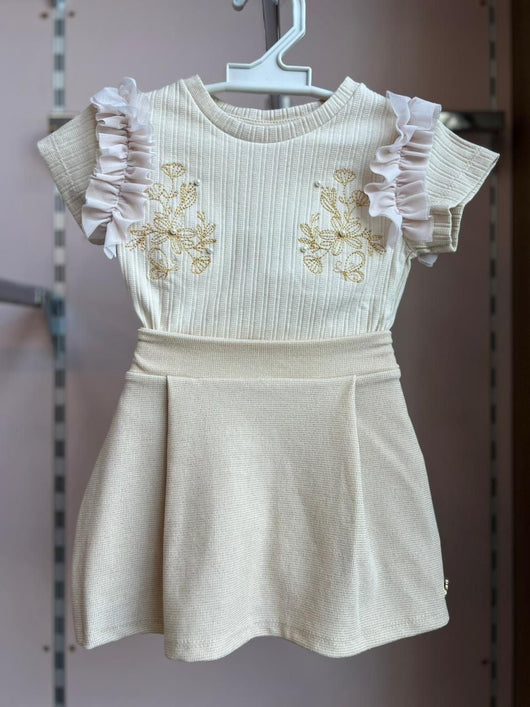 CONJUNTO BLUSA MANGA CURTA CAENLADO BORDADO PÉROLAS TULE E SHORT SAIA MENINA ANGERO