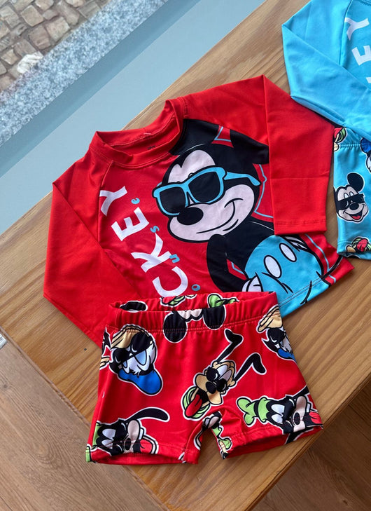 CONJUNTO CAMISETA MANGA LONGA E SUNGA BOXER MICKEY E SEUS AMIGOS UV50+ MENINO FAKINI