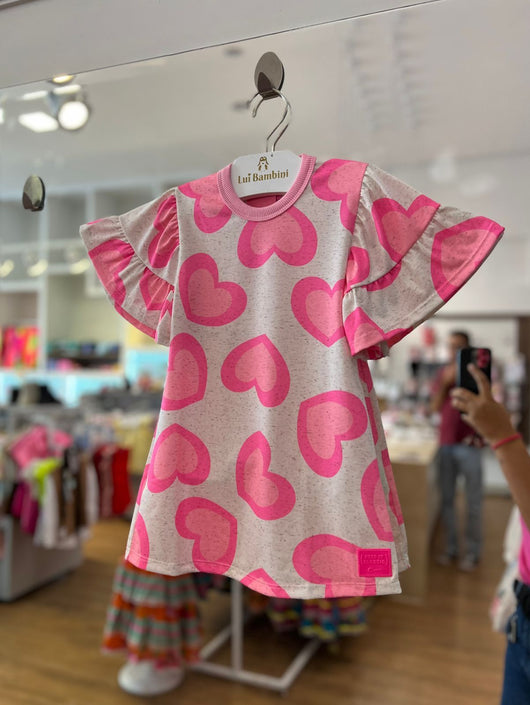 VESTIDO MANGA CURTA EVASÊ GOLA REDONDA CORAÇÕES MENINA CINTI