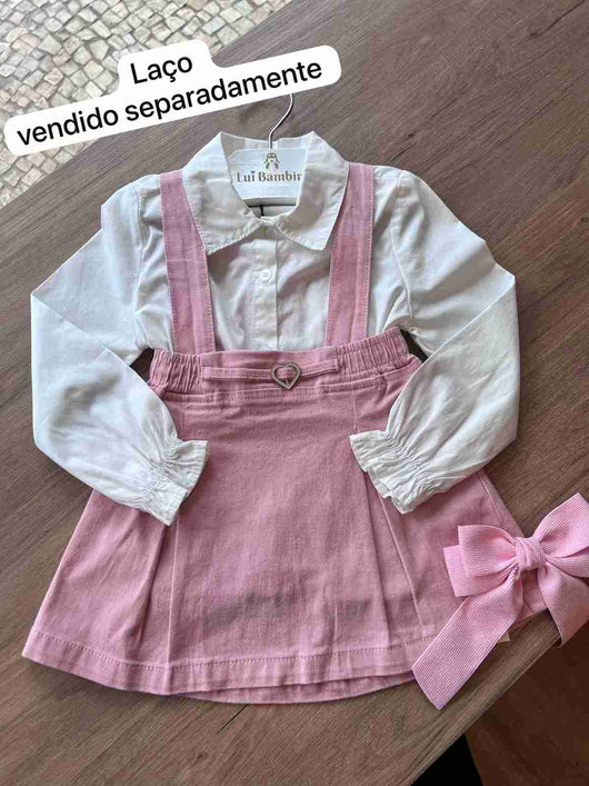 CONJUNTO CAMISA E SALOPETE MANGA LONGA BOTÕES LISA E SAIA ALÇA MENINA KUKIÊ