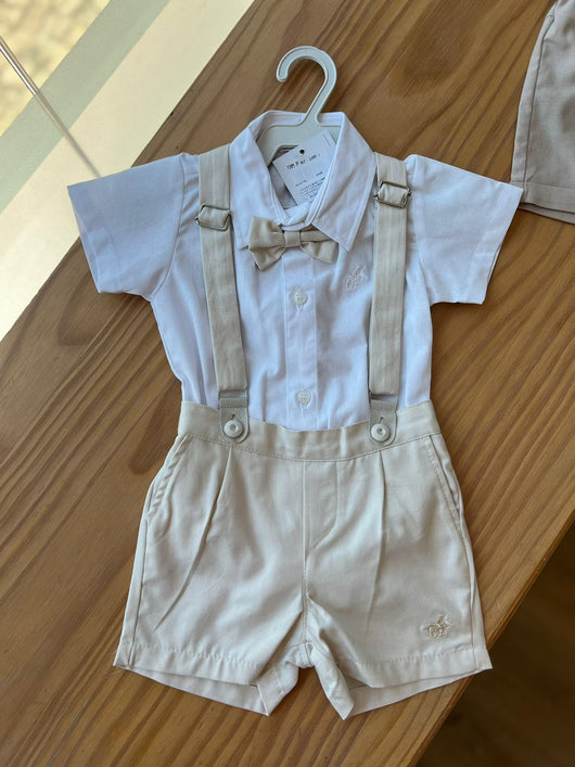 CONJUNTO BODY CAMISA MANGA CURTA BEGE CLARO BERMUDA SUSPENSORIO E GRAVATA MENINO POLO INFANTI