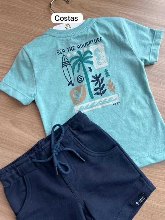 CONJUNTO CAMISETA MANGA CURTA CAVALO MARINHO MINIMALISTA SURF E BERMUDA MENINO ONDA MARINHA